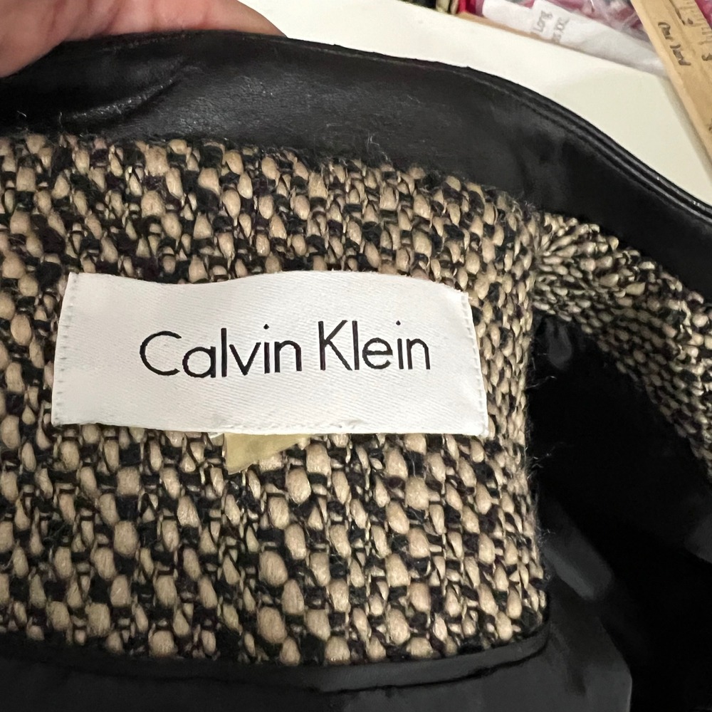 Calvin Klein Brown Faux Leather Trim Tweed Moto‎ Jacket XS - Picture 2 of 9